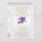 Paarse Floral Eat, Drink en huwelijksuitnodiging Kaart (Voorkant / Achterkant)
