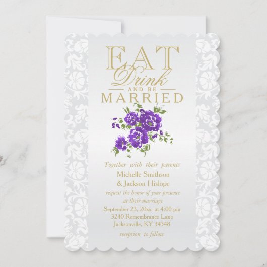 Paarse Floral Eat, Drink en huwelijksuitnodiging Kaart (Voorkant)