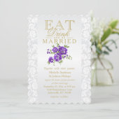 Paarse Floral Eat, Drink en huwelijksuitnodiging Kaart (Staand voorkant)