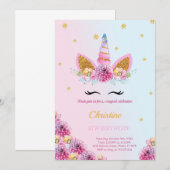 Paarse Floral Eenhoorn verjaardagsuitnodiging Kaart (Voorkant / Achterkant)