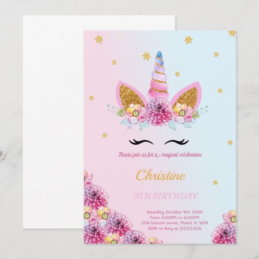 Paarse Floral Eenhoorn verjaardagsuitnodiging Kaart (Voorkant / Achterkant)