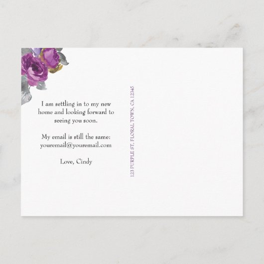 Paarse Floral Elegant Aankondiging nieuw adres (Achterkant)