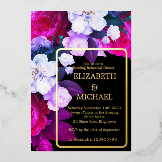 Paarse Floral Elegant Formal Wedding Rehearings Folie Uitnodiging (Voorkant)