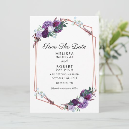 Paarse Floral Elegant Geometric sparen de Datum Save The Date (Staand voorkant)
