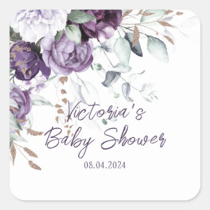Paarse Floral Elegant gepersonaliseerd Baby shower Vierkante Sticker