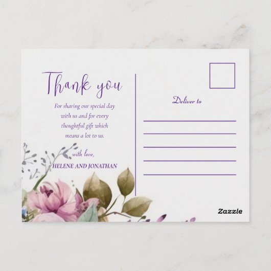 Paarse Floral Elegant Pastel Modern Boho Hartelijk Briefkaart (Achterkant)