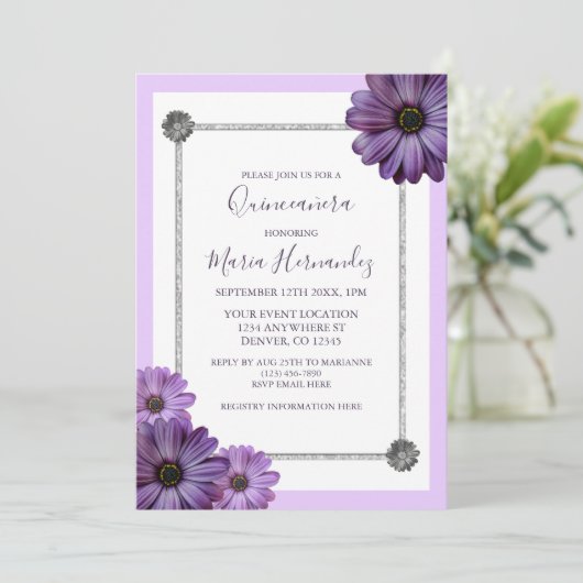 Paarse Floral Elegant Quinceanera Kaart (Staand voorkant)