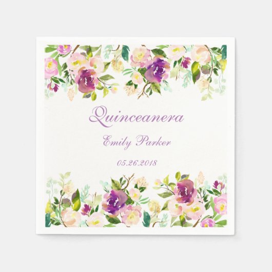 Paarse Floral Elegant Quinceanera Napkin Servetten (Voorkant)