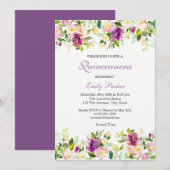 Paarse Floral Elegant Quinceanera Uitnodiging (Voorkant / Achterkant)