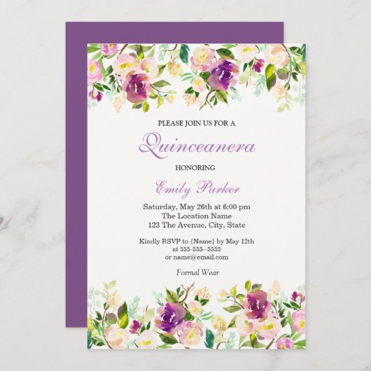 Paarse Floral Elegant Quinceanera Uitnodiging (Voorkant / Achterkant)