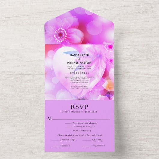 Paarse Floral Elegant Romantic Glow Weddenschap All In One Uitnodiging (Binnen)