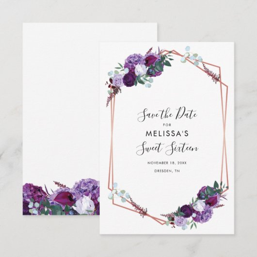 Paarse Floral Elegant Roos Gold Geometric Save The Date (Voorkant / Achterkant)