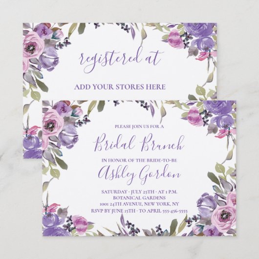 Paarse Floral Elegant Script Bridal Brunch Kaart (Voorkant / Achterkant)