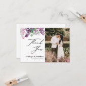 Paarse Floral Elegant Script Foto Hartelijk dank Kaart (Voorkant / Achterkant in situ)