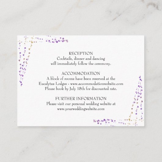 Paarse Floral Elegant Script Weddenschap Details Informatiekaartje (Achterkant)