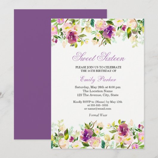 Paarse Floral Elegant Sweet Sixteen Uitnodiging (Voorkant / Achterkant)