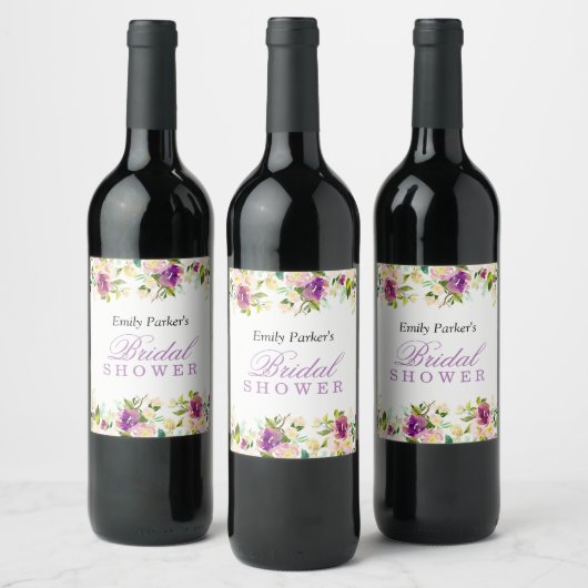 Paarse Floral Elegant Vrijgezellenfeest Wijnlabel Wijn Etiket (Flessen)
