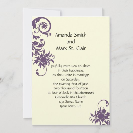Paarse Floral Elements Wedding Invitation Kaart (Voorkant)