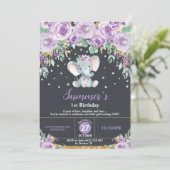 Paarse Floral Elephant 1e Birthday Chalkboard Kaart (Staand voorkant)