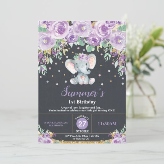 Paarse Floral Elephant 1e Birthday Chalkboard Kaart (Staand voorkant)