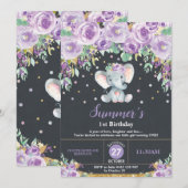 Paarse Floral Elephant 1e Birthday Chalkboard Kaart (Voorkant / Achterkant)