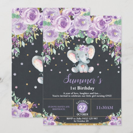 Paarse Floral Elephant 1e Birthday Chalkboard Kaart (Voorkant / Achterkant)