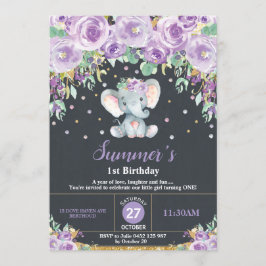 Paarse Floral Elephant 1e Birthday Chalkboard Kaart