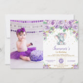 Paarse Floral Elephant 1e verjaardag Girl Foto Kaart (Voorkant)