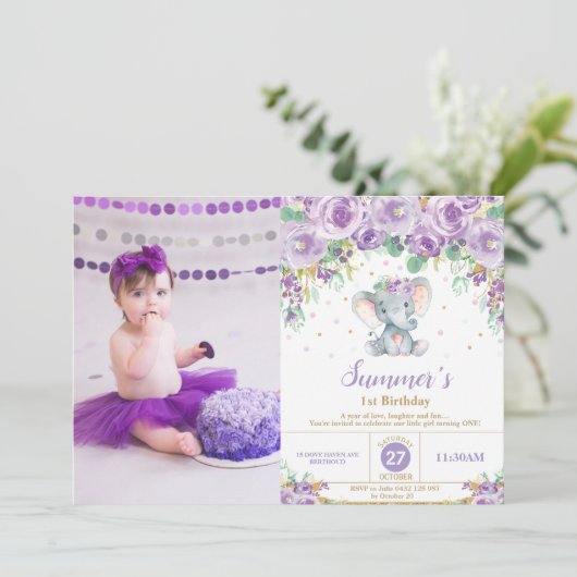 Paarse Floral Elephant 1e verjaardag Girl Foto Kaart (Staand voorkant)