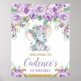 Paarse Floral Elephant 1st Birthday Girl Welkom Poster