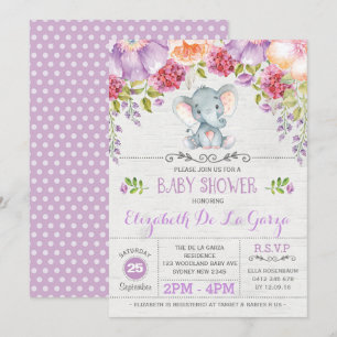 Paarse Floral Elephant Baby Girl Shower Kaart