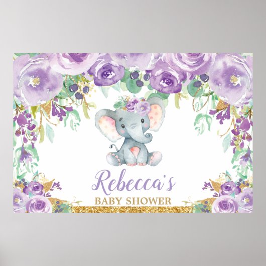 Paarse Floral Elephant Baby shower Achtergrond Poster (Voorkant)