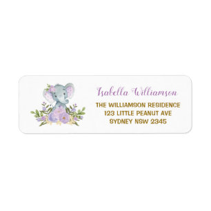 Paarse Floral Elephant Baby shower Adres Etiket