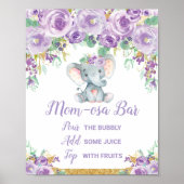 Paarse Floral Elephant Baby shower Momosa Bar Sign Poster (Voorkant)