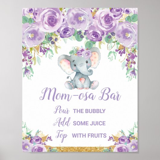 Paarse Floral Elephant Baby shower Momosa Bar Sign Poster (Voorkant)
