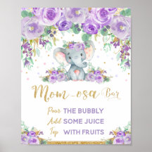 Paarse Floral Elephant Baby shower Momosa Bar Sign