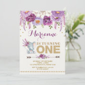 Paarse Floral Elephant Boho Birthday Uitnodiging (Staand voorkant)
