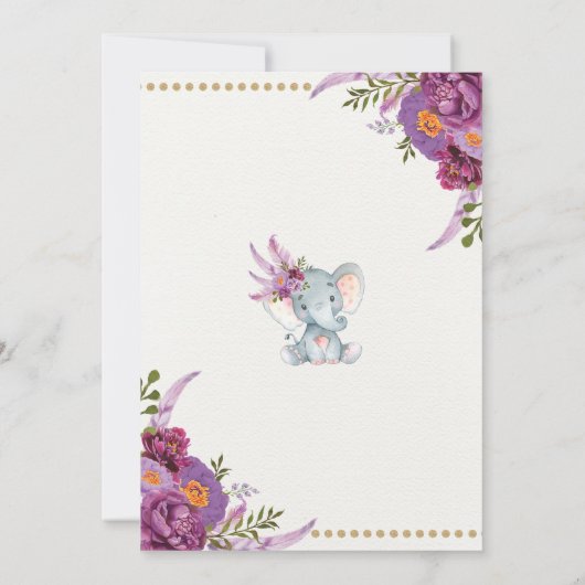 Paarse Floral Elephant Boho Birthday Uitnodiging (Achterkant)