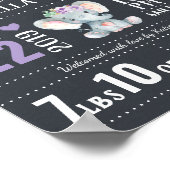 Paarse Floral Elephant New Baby Girl Birth Stats Poster (Hoek)