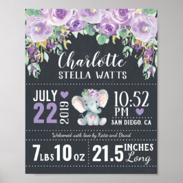 Paarse Floral Elephant New Baby Girl Birth Stats Poster