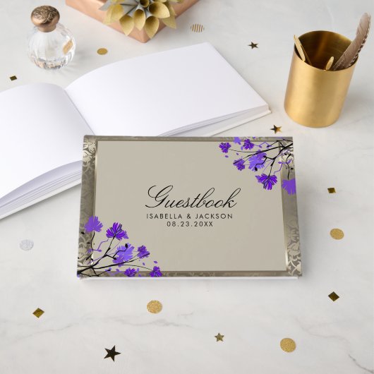 Paarse Floral en Antiek zilverhuwelijk Gastenboek (Voorkant open)