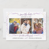 Paarse Floral en Confetti 3 Fotobruiloft Save The Date (Voorkant)