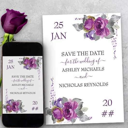Paarse Floral en Confetti bruiloft Save The Date