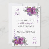 Paarse Floral en Confetti bruiloft Save The Date (Voorkant)