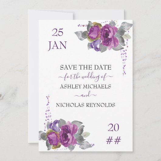 Paarse Floral en Confetti bruiloft Save The Date (Voorkant)