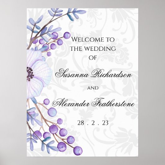 Paarse Floral en Elegant Damask Wedding Poster (Voorkant)