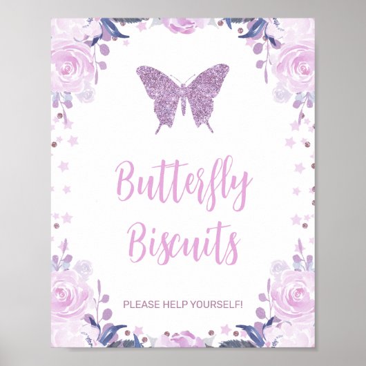 Paarse Floral en Glitter Butterfly Birthday Party Poster (Voorkant)