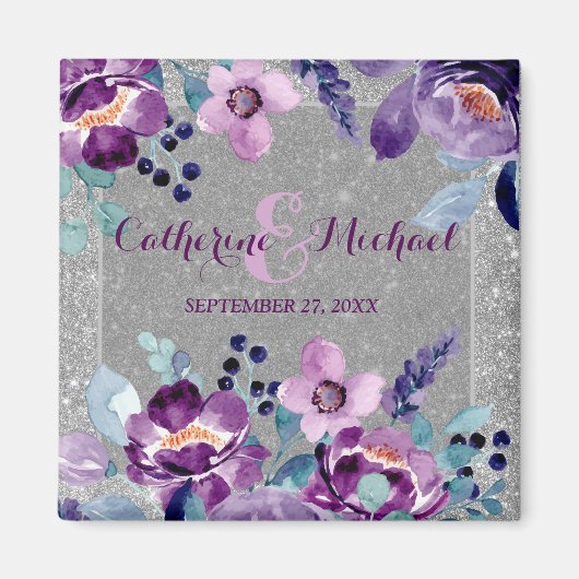 Paarse Floral en Silver Glitter Magneet (Voorkant)