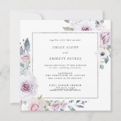 Paarse Floral en Silver Lijst Square Weddenschap Kaart (Voorkant)