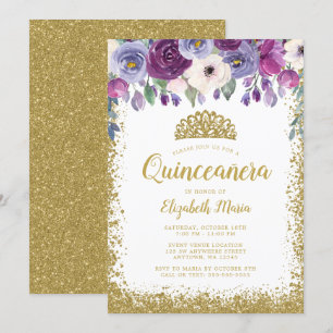 Paarse Floral Faux Gold Glitter Tiara Quinceanera Kaart
